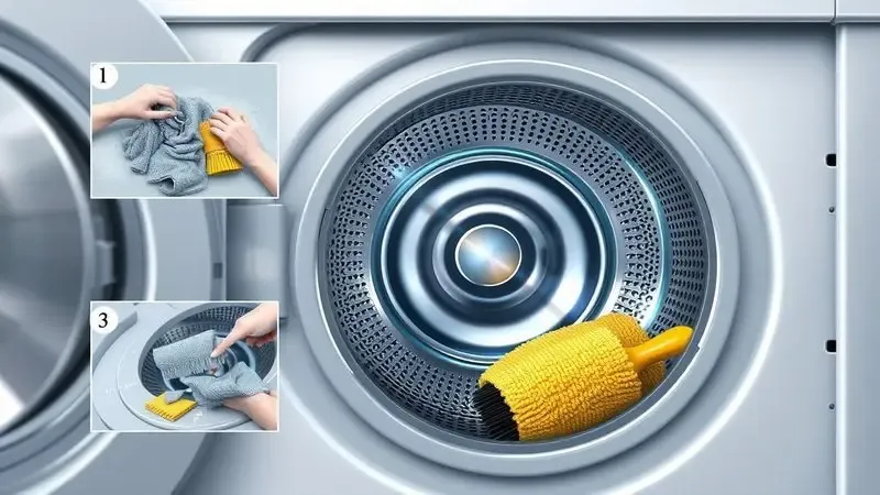 Sequência ilustrativa do processo passo a passo de higienização do tambor da máquina de lavar com ferramentas de limpeza