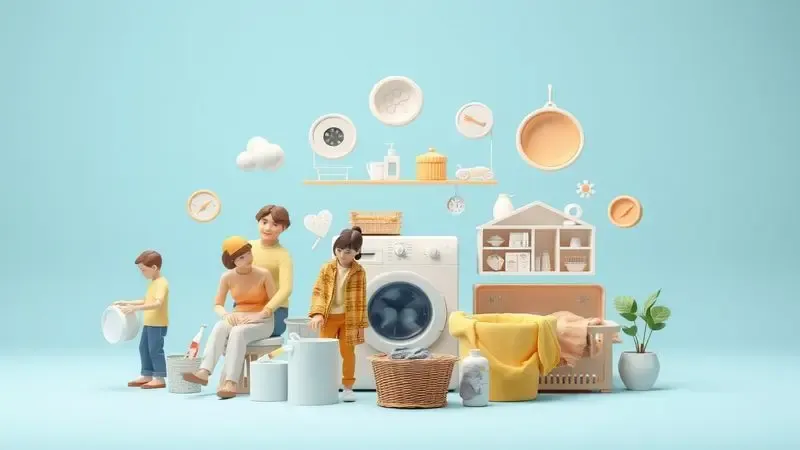 Render 3D artístico mostrando perfis de usuários para lava e seca com elementos simbólicos de famílias e residências em cores quentes