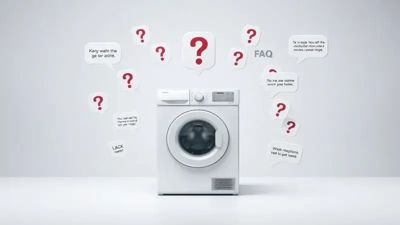 Cena conceitual visualizando perguntas frequentes sobre lava e seca com ícones de interrogação e informações