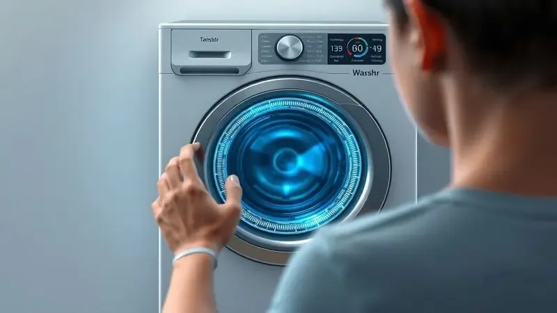 Visualização conceitual de pessoa interagindo com painel de controle de lavadora moderna
