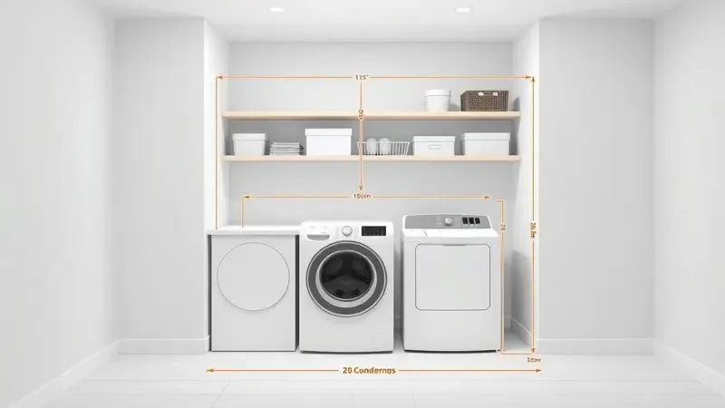 Conceito ilustrativo de planejamento de espaço em lavanderia com medidas e organização de eletrodomésticos