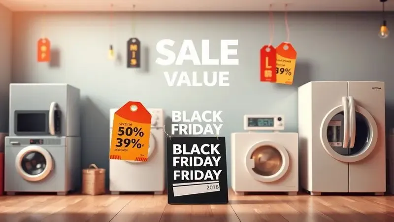Ilustração conceitual de comparação de preços e descontos em eletrodomésticos durante período de Black Friday com atmosfera de compras