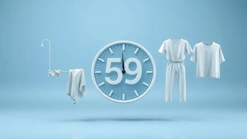 Ilustração conceitual de linha do tempo mostrando processo completo de lavagem e secagem em 59 minutos