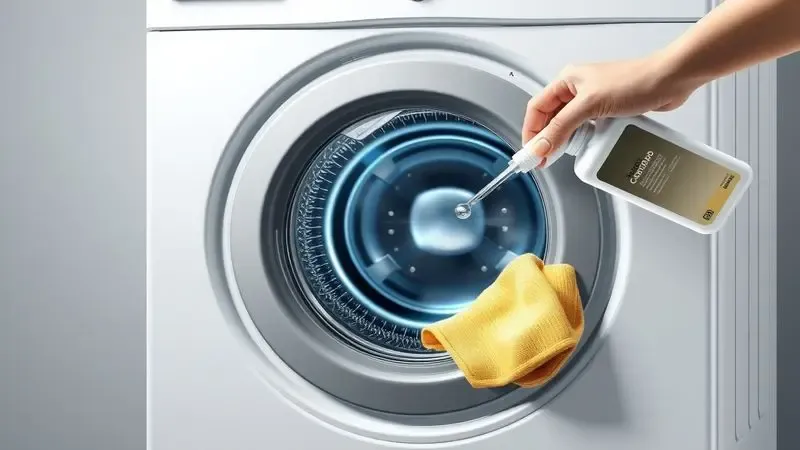 Ilustração do processo de limpeza da borracha de vedação em máquina de lavar frontal
