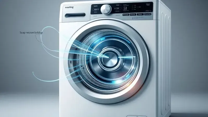 Ilustração conceitual de resíduo de sabão afetando sensores e componentes internos de lava e seca em visão em corte.