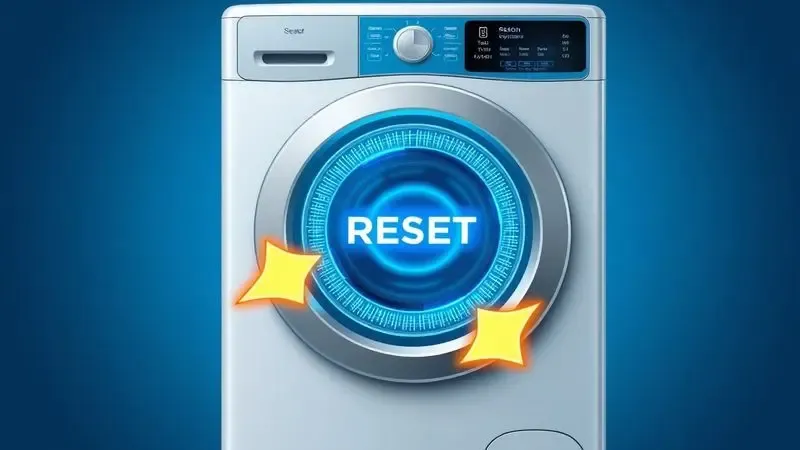 Ilustração conceitual do processo de reset em lavadoras, mostrando reinicialização eletrônica do sistema
