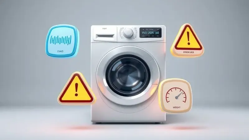 Ilustração artística mostrando cinco sinais de problemas de calibração em máquina de lavar