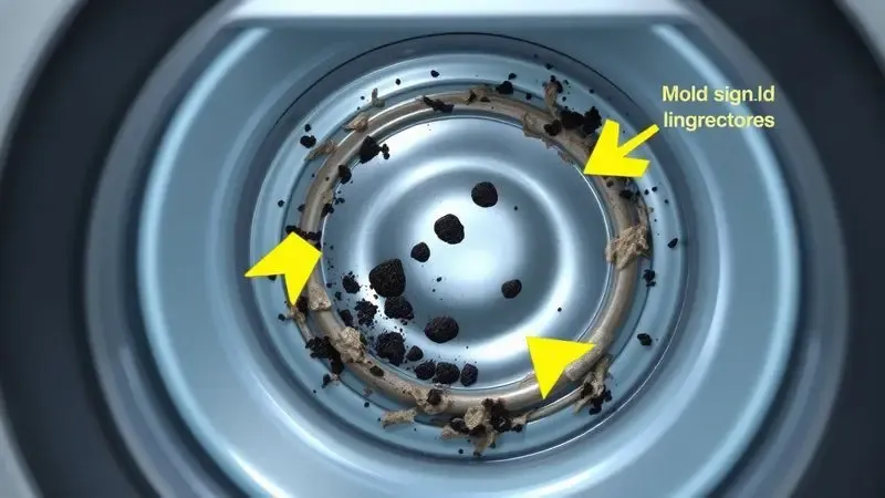Sinais visíveis de mofo e sujeira na vedação da máquina de lavar que indicam necessidade de limpeza