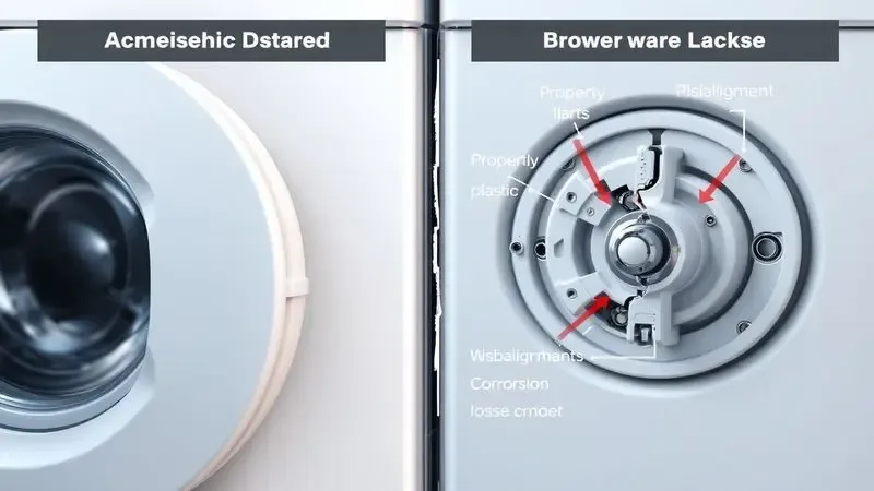 Comparação conceitual entre trava de porta funcionando corretamente e com defeito, mostrando sinais de desgaste e quebra.