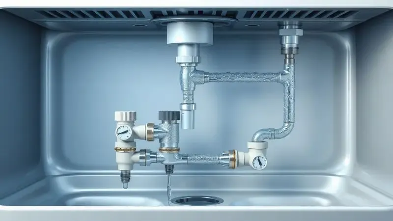 Ilustração 3D conceitual do sistema de abastecimento de água para máquina de lavar louça com problemas de pressão