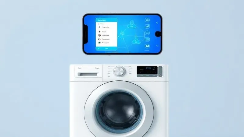 Smartphone conectado a máquina de lavar por interface digital com linhas de conexão azuis