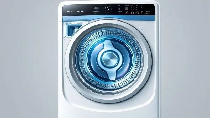 Ilustração conceitual do funcionamento interno de uma máquina lava e seca mostrando fluxo de água e elementos de aquecimento.