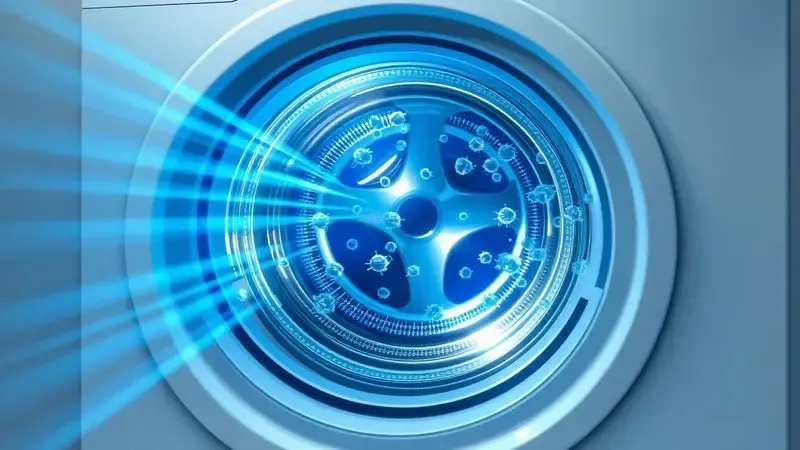 Ilustração conceitual de tecnologia de higienização em máquina de lavar, mostrando eliminação de bactérias
