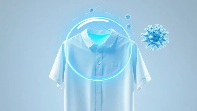 Representação conceitual da tecnologia HealthGuard protegendo as roupas contra bactérias e garantindo higiene