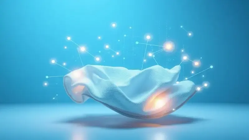 Ilustração conceitual de tecnologia de sensores inteligentes para cuidados com tecidos, representando proteção avançada de roupas.