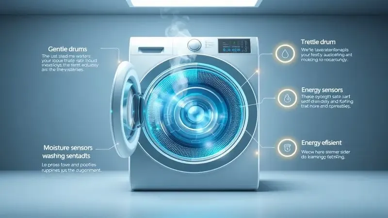 Visualização conceitual de tecnologias avançadas de lavagem como vapor e sensores de umidade.