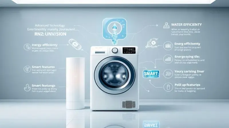 Ilustração conceitual de tecnologias avançadas para lavar e secar roupas com eficiência energética