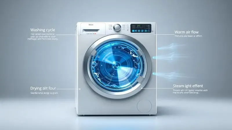 Ilustração conceitual 3D das três funções principais de uma lava e seca: lavagem, secagem e esterilização