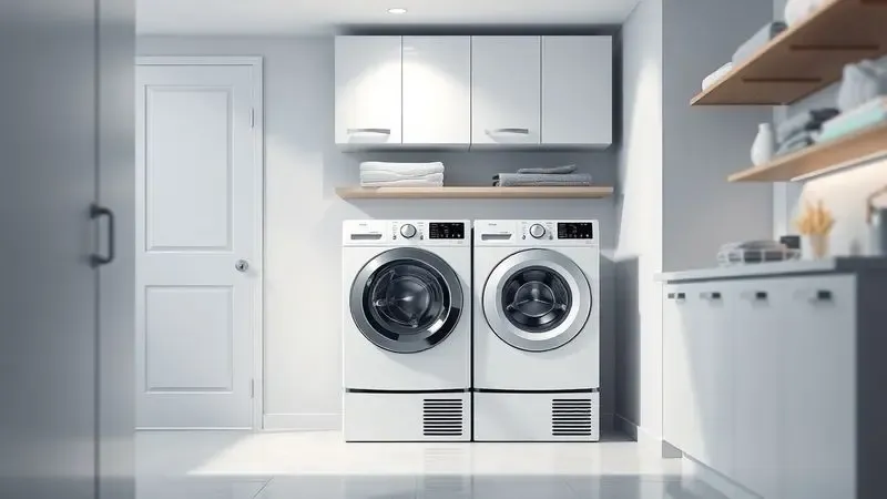 Ambiente de lavanderia moderno com máquina lava e seca integrada, demonstrando economia de espaço