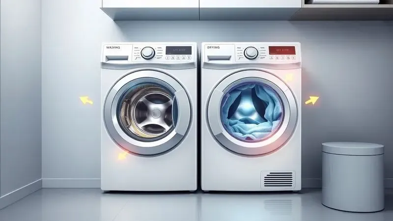 Ilustração conceitual mostrando os ciclos de lavagem e secagem em uma única máquina lava e seca