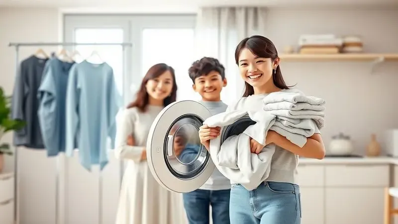 Família satisfeita com facilidade da máquina lava e seca em casa com roupas limpas organizadas