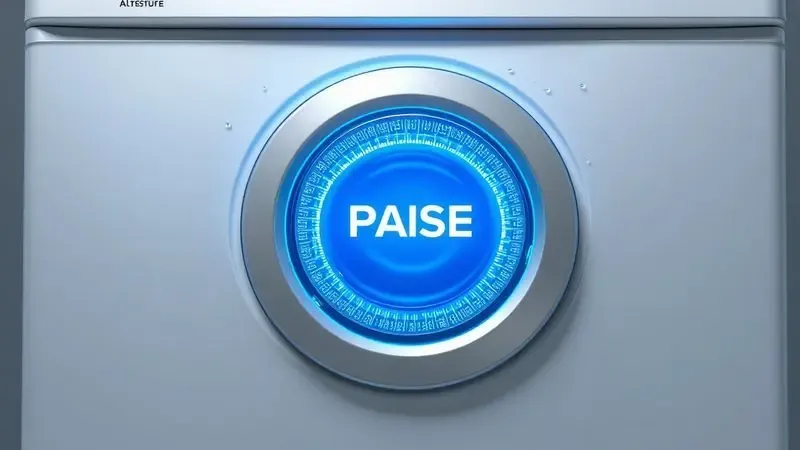 Visualização artística do botão de pausa em máquina de lavar com gotas de água suspensas